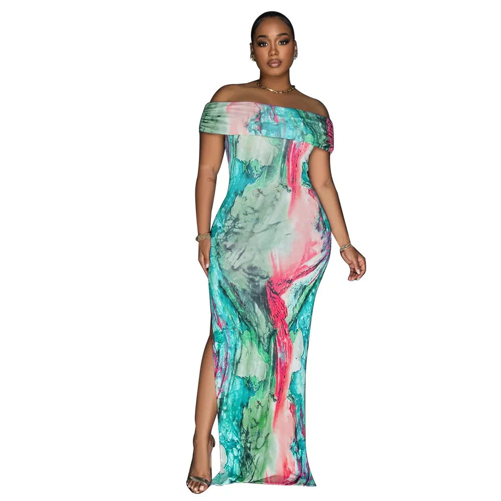 Diva Ruched Off Shoulder Abstract Maxi Dress maxi dress Castello Clothing Line
