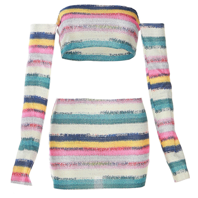 Knitted Off Shoulder Crop Top & Mini Skirt Set - Color Blocking, Long Sleeves - Polyester/Spandex Castello Clothing Line