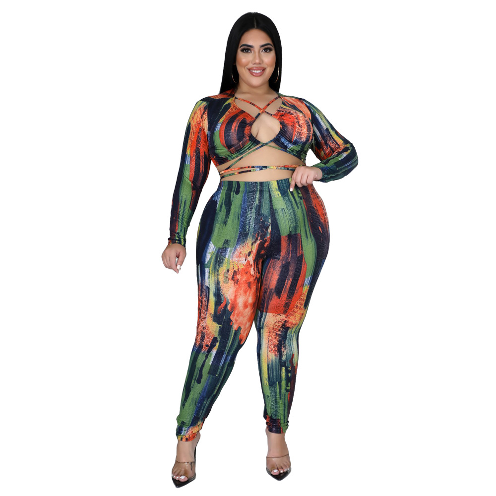 Plus Size Cut Out Long Sleeve Crop Top & Pencil Pants Set Castello Clothing Line