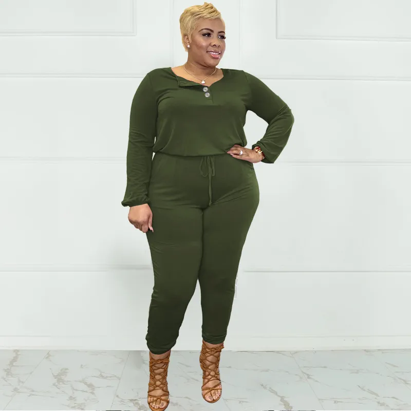Renee Plus Size Long Sleeve Henley Jogger Jumpsuit women jumpsuits Castello Clothing Line
