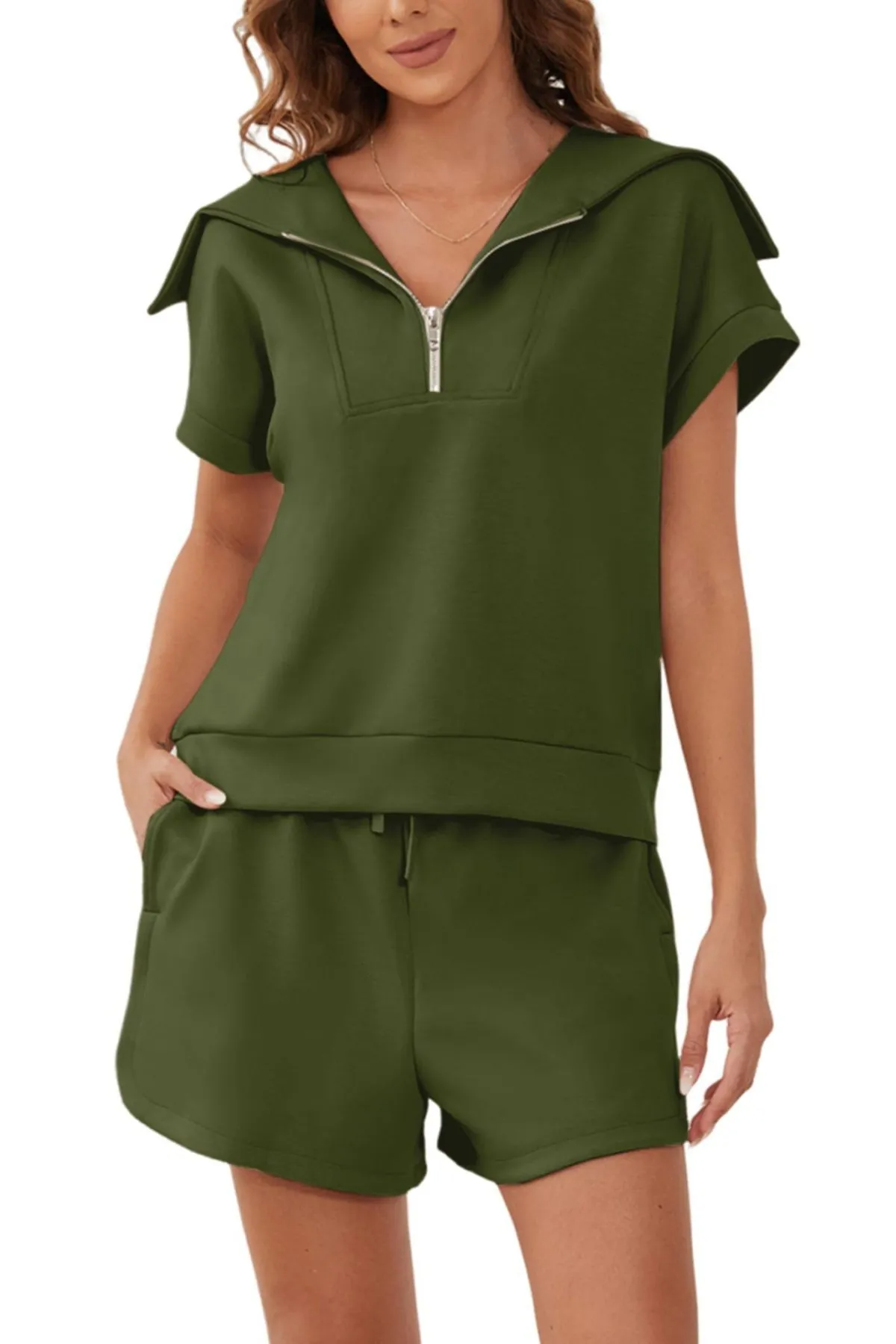 Spree Zip-Up Collared Top & Drawstring Shorts Set Castello Clothing Line