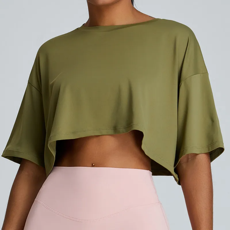 Fia Oversized Short Sleeve Asymmetrical Cropped T-Shirt sports top & bras Castello Clothing Line