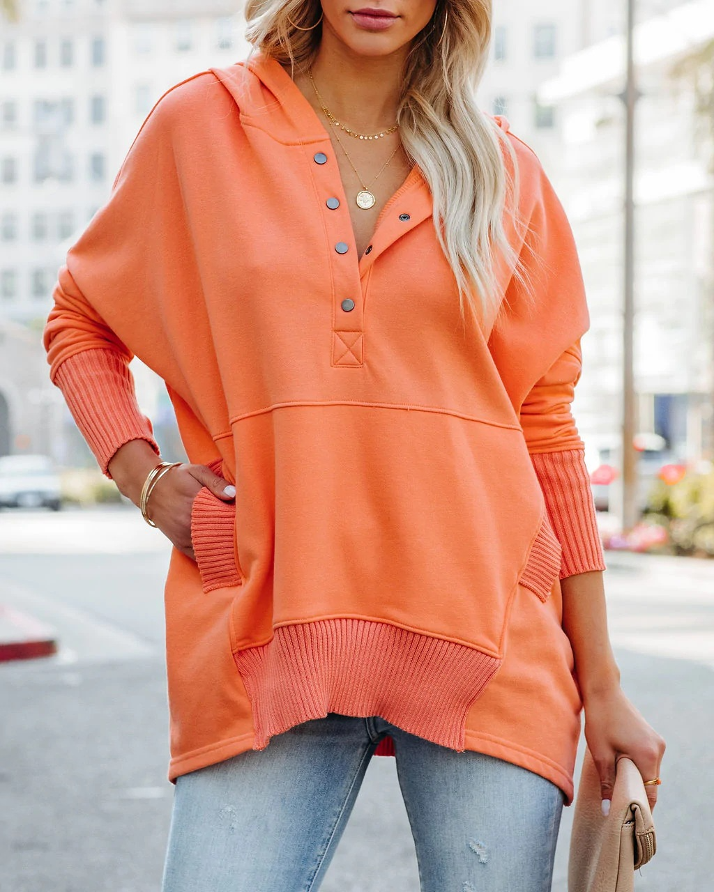 On Point Hooded Button-Up Relaxed Fit Sweater Castello Clothing Line