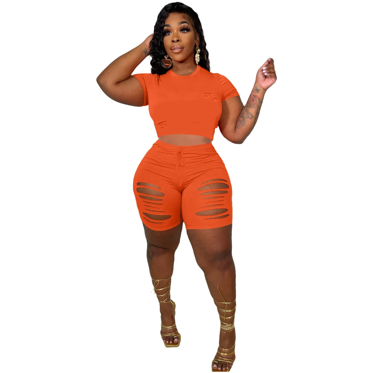 Savvy Cutout Short Sleeve Top & Ripped Biker Shorts Set Castello Clothing Line
