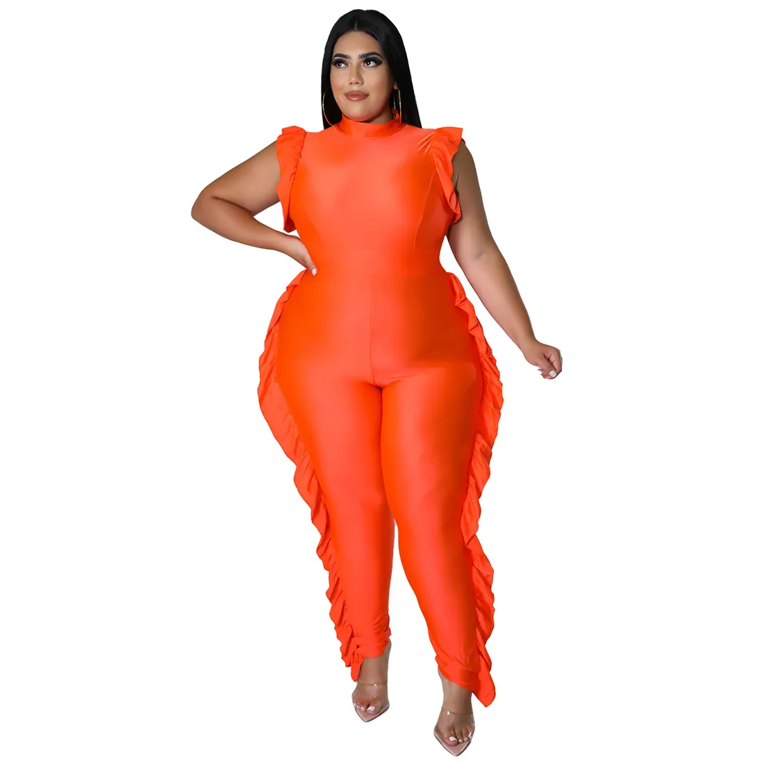 Gianna Plus Size High-Neck Ruffle Bodycon Jumpsuit Castello Clothing Line