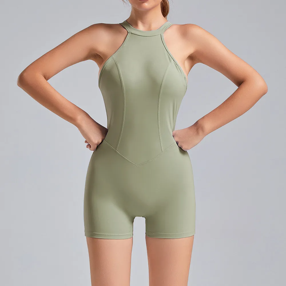 Tina Halter Open Back Ruched Romper athletic rompers Castello Clothing Line