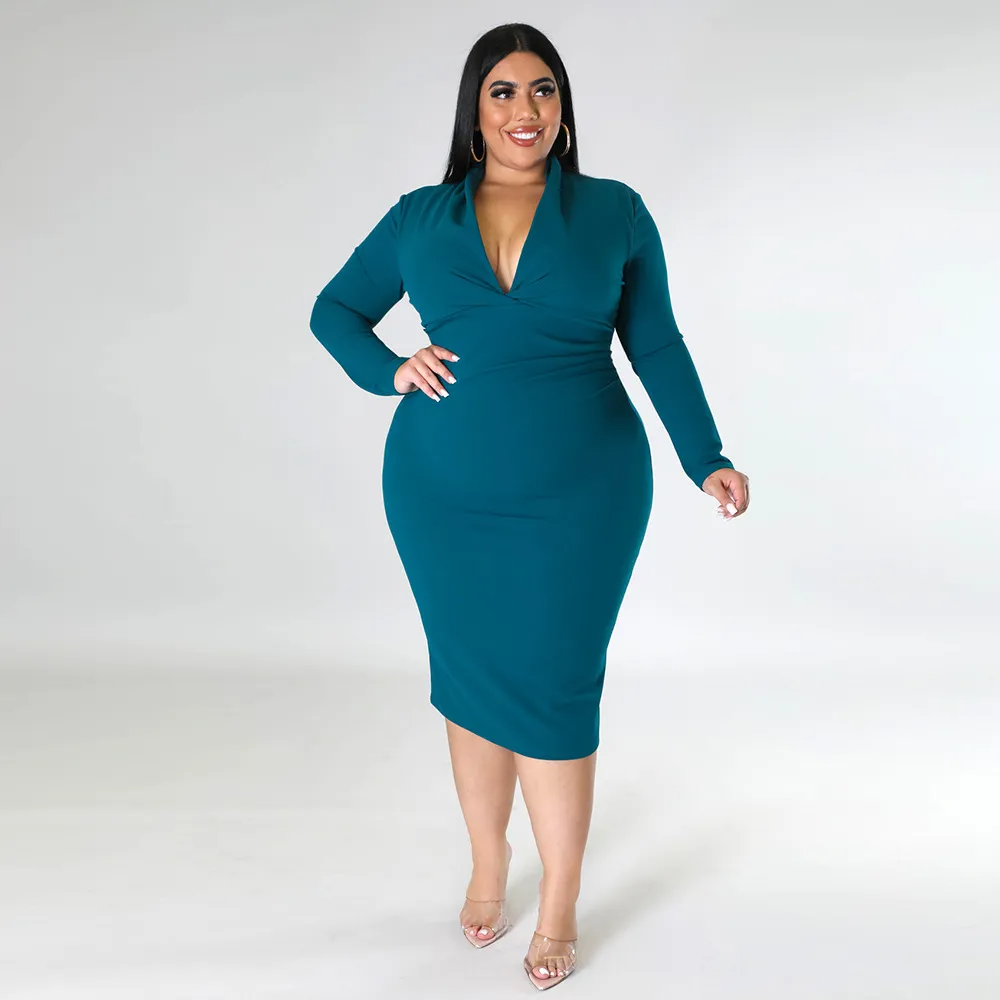 Dawn Plus Size V-Neck Long-Sleeve Bodycon Midi Dress Castello Clothing Line