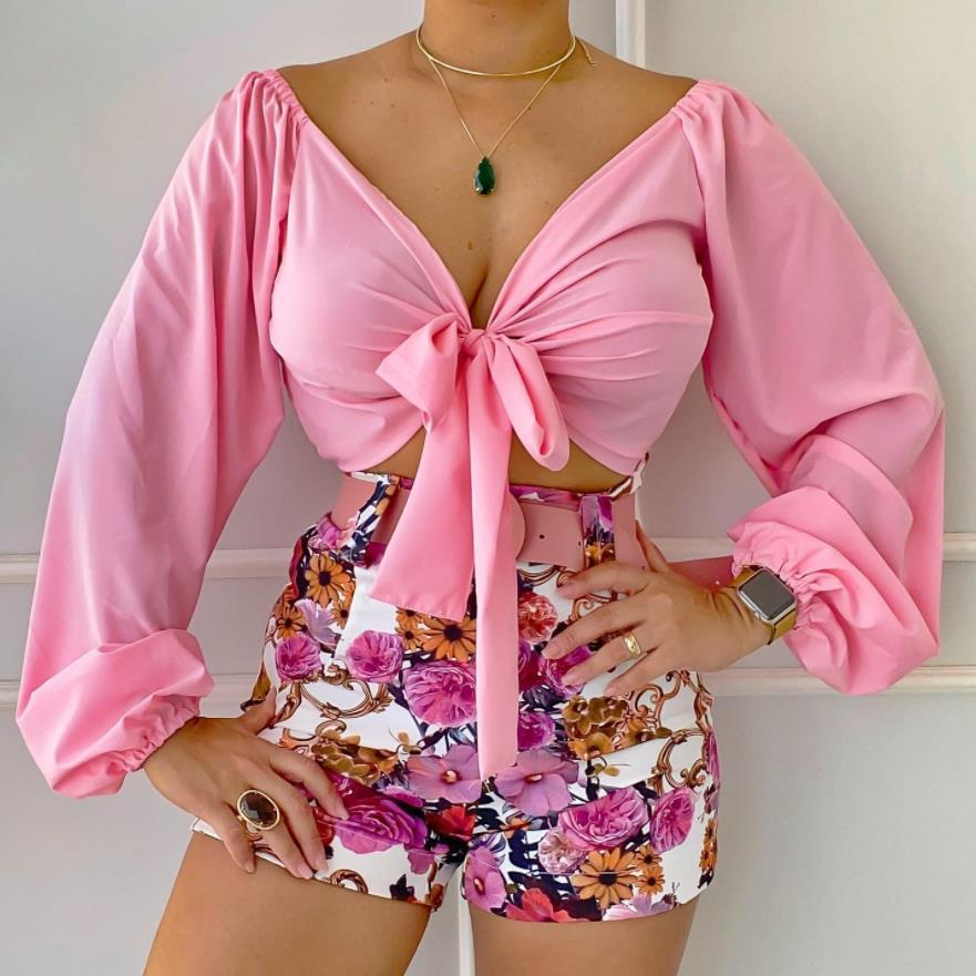 Lush Tie-Front Puff Sleeve Top & Floral High-Waist Shorts Set Castello Clothing Line