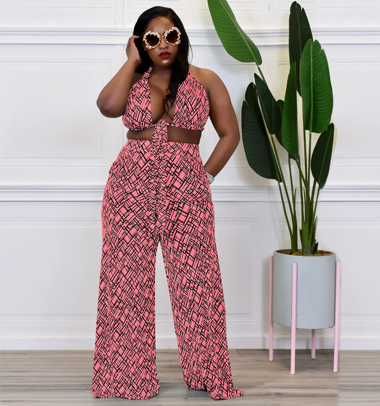 Plus Size Backless Halter Top & High Waist Wide Leg Pants Set Castello Clothing Line