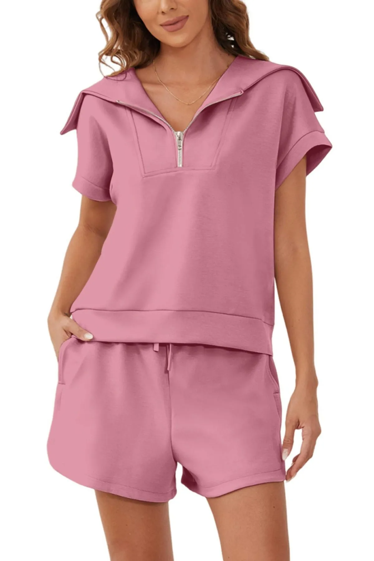 Spree Zip-Up Collared Top & Drawstring Shorts Set Castello Clothing Line