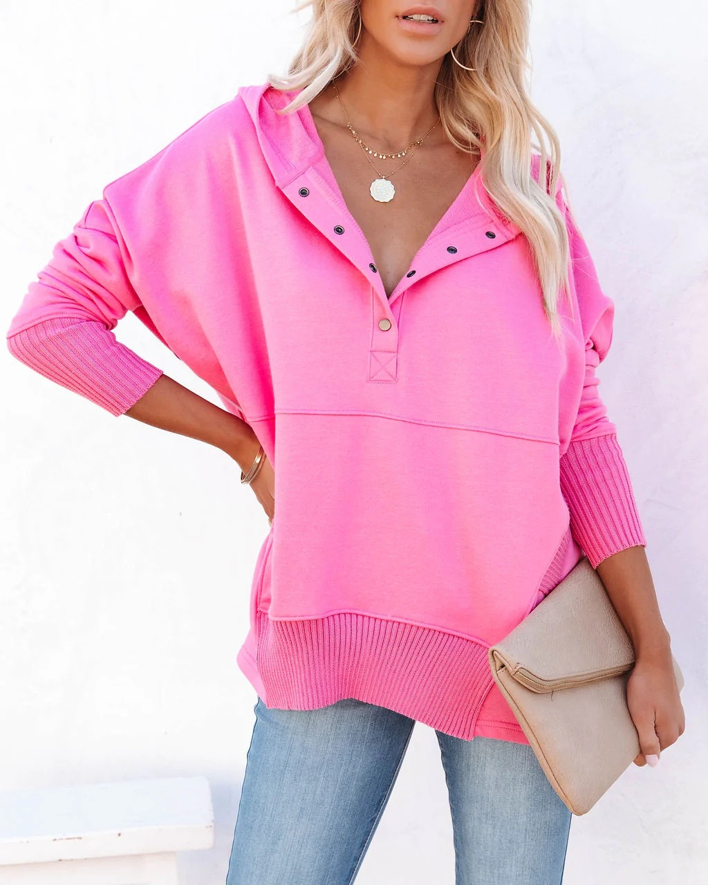 On Point Hooded Button-Up Relaxed Fit Sweater Castello Clothing Line