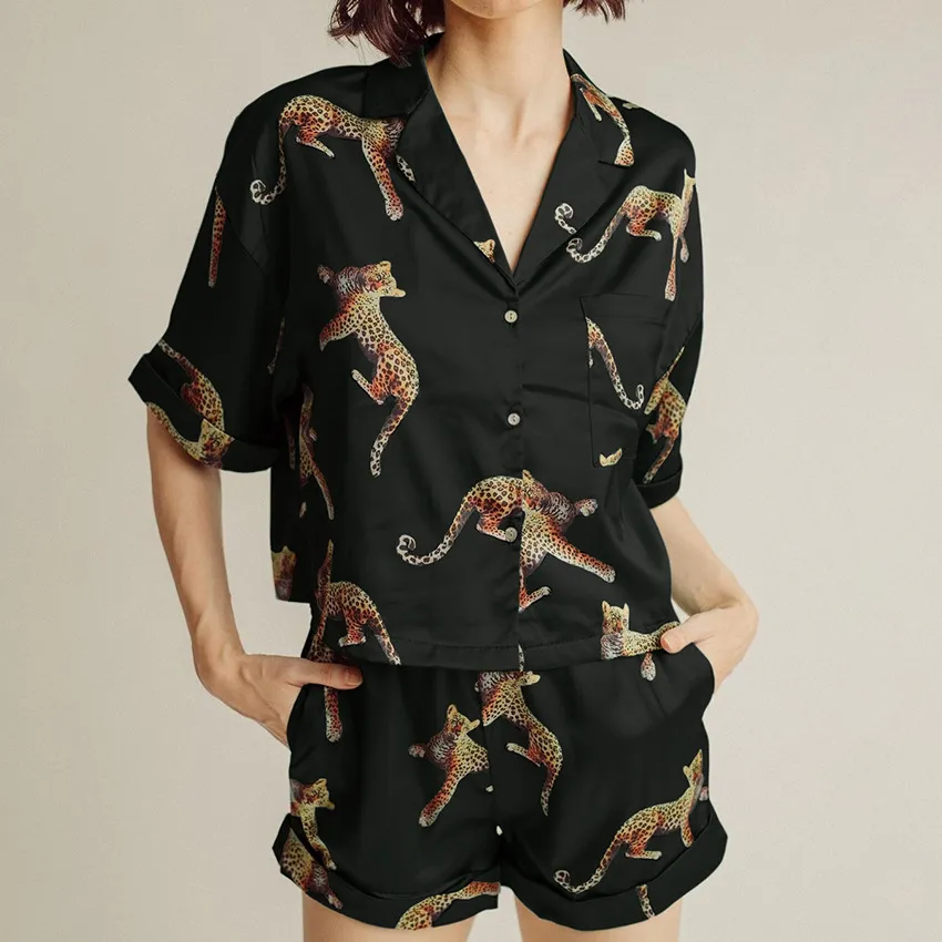 Wild Spirit Satin Short Sleeve Top and Shorts Lounge Set Castello Clothing Line