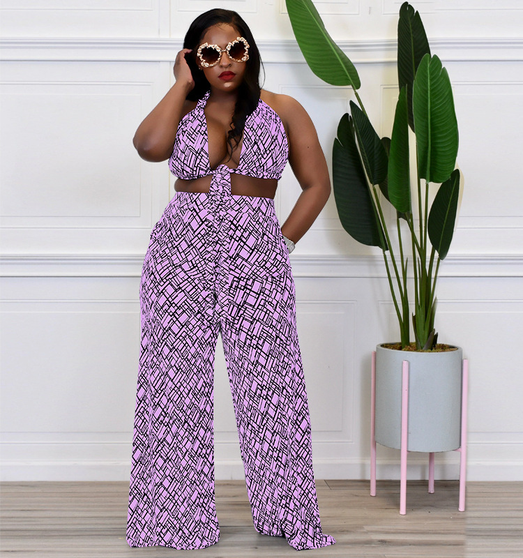 Plus Size Backless Halter Top & High Waist Wide Leg Pants Set Castello Clothing Line
