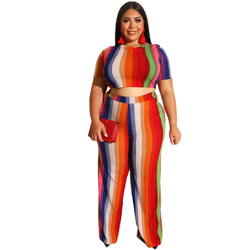 Plus Size 2-Piece Stripe Top & Wide Leg Pants Set Castello Clothing Line