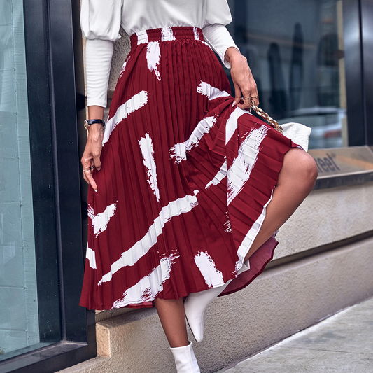 High Waist Pleated Midi Maxi Skirt with Abstract Print - Chiffon/Polyester Blend  Castello Clothing Line