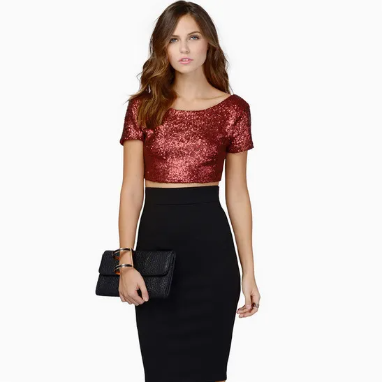 Gleam Sequin Short Sleeve Cropped Top Castello Clothing Line