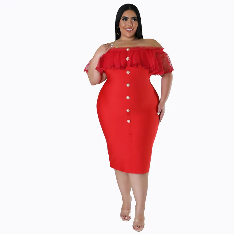 Clarissa Plus Off Shoulder Polka Dot Ruffle Bodycon Midi Dress Castello Clothing Line