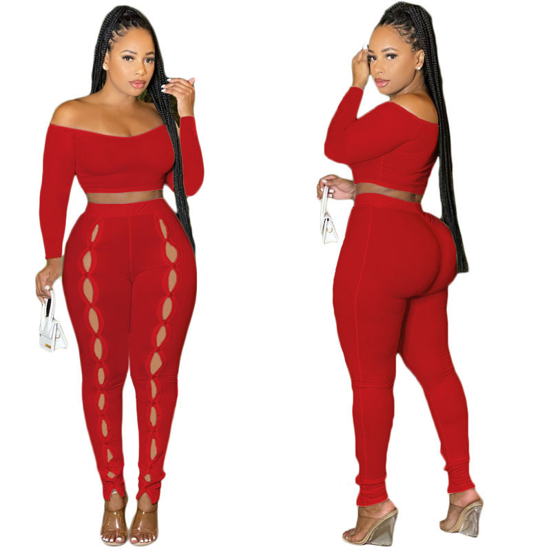 Off Shoulder Crop Top & Skinny Pants Set Castello Clothing Line