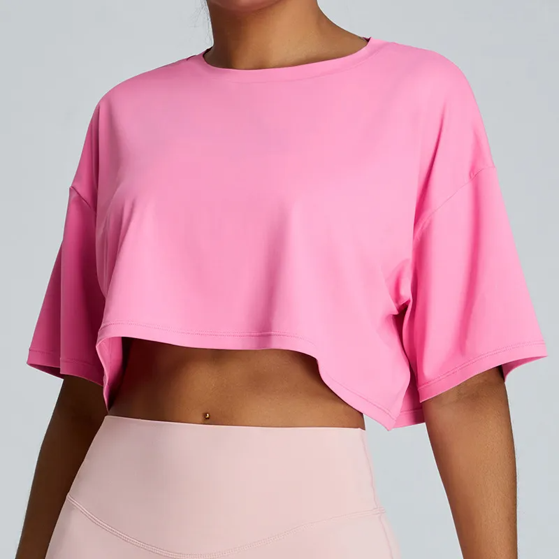 Fia Oversized Short Sleeve Asymmetrical Cropped T-Shirt sports top & bras Castello Clothing Line
