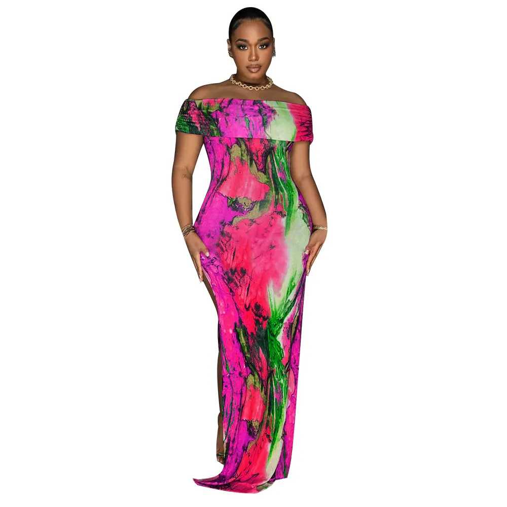 Diva Ruched Off Shoulder Abstract Maxi Dress maxi dress Castello Clothing Line