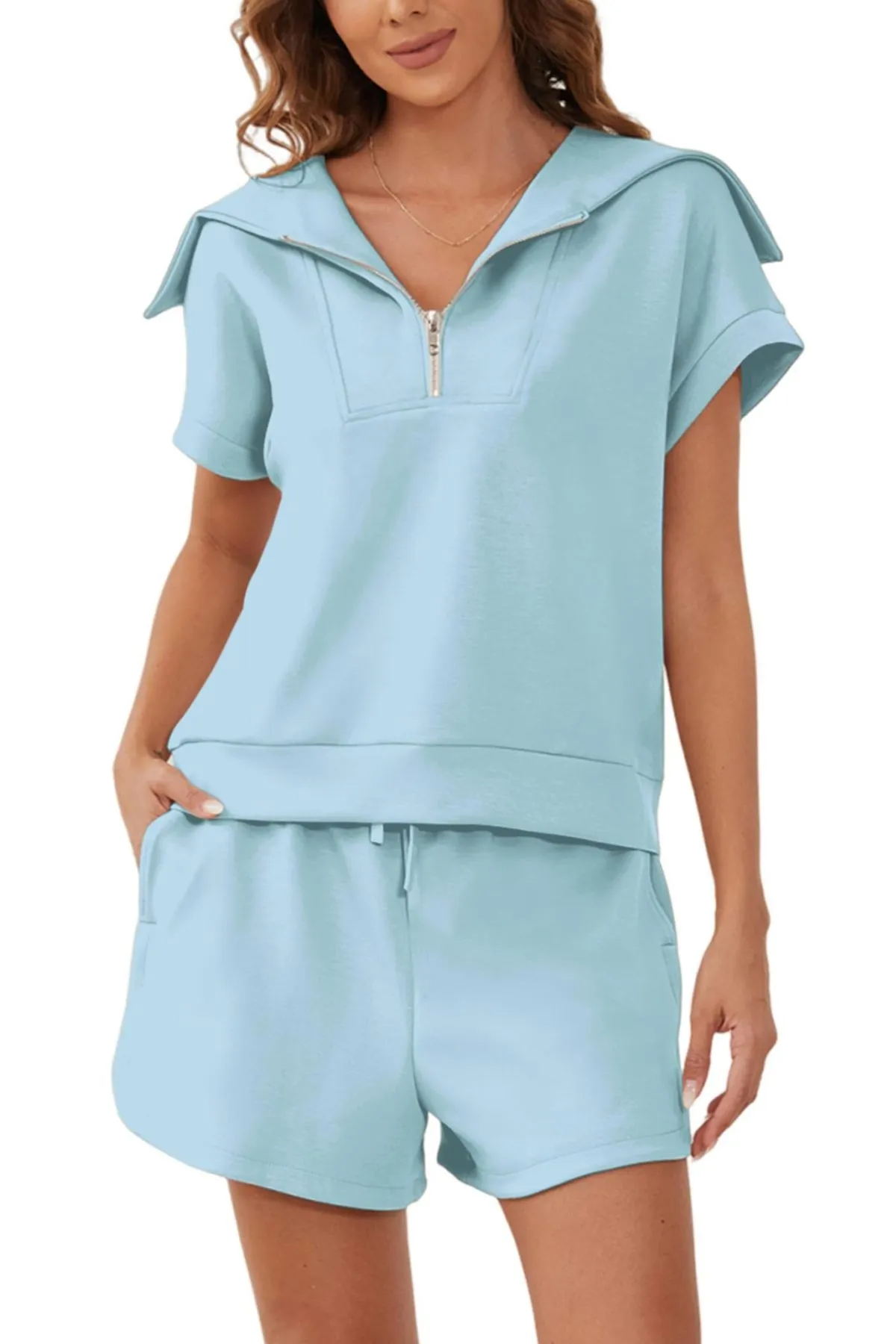 Spree Zip-Up Collared Top & Drawstring Shorts Set Castello Clothing Line