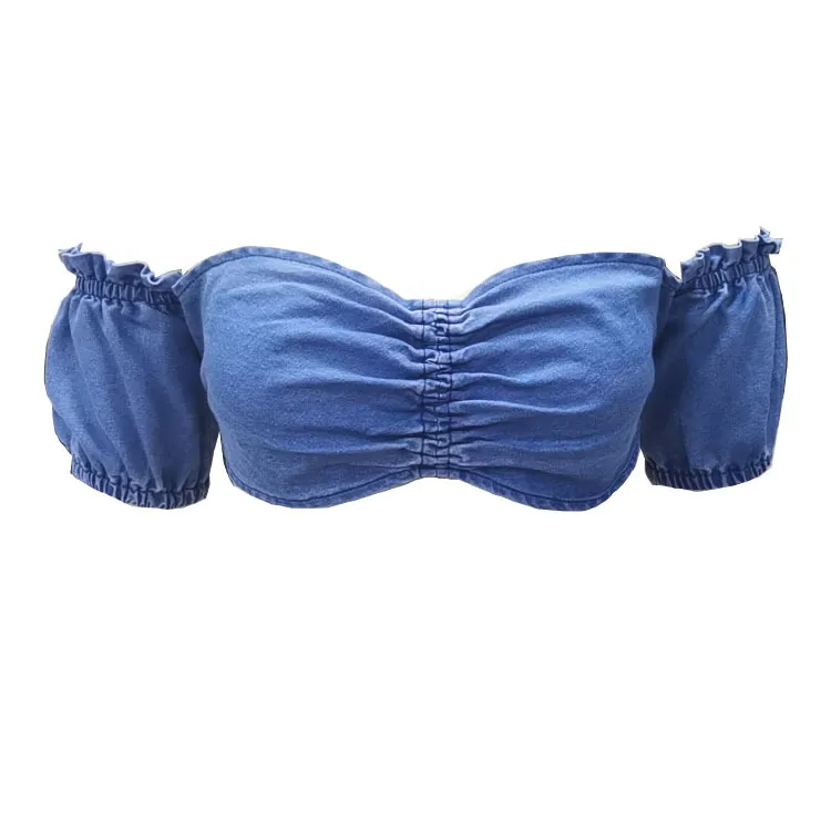 Lyric Denim Off-Shoulder Ruched Crop Top Castello Clothing Line