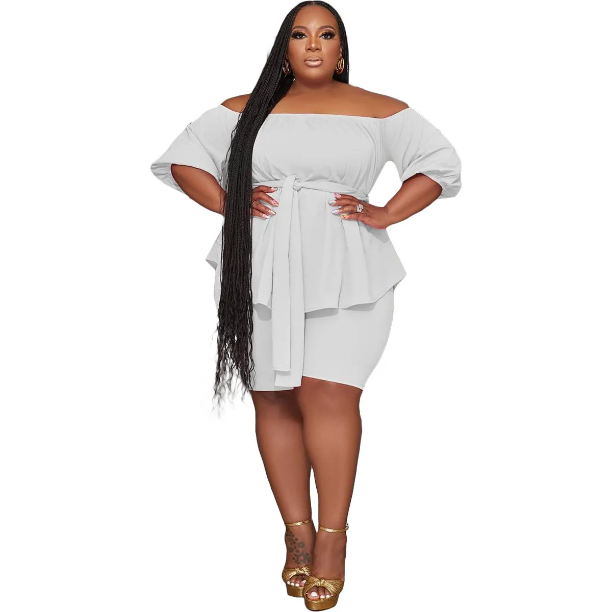 Blaze Plus Size Off-Shoulder Belted Top and Shorts Set Castello Clothing Line
