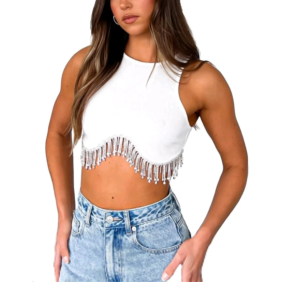 Fringe Fantasy High-Neck Cropped Tank Castello Clothing Line