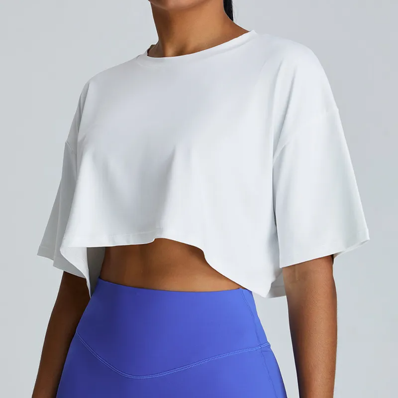 Fia Oversized Short Sleeve Asymmetrical Cropped T-Shirt sports top & bras Castello Clothing Line