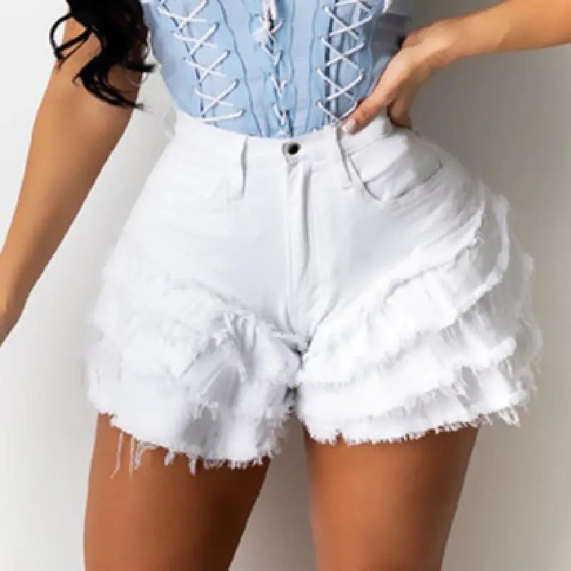 Rave High-Waist Layered Fringe Denim Shorts Castello Clothing Line