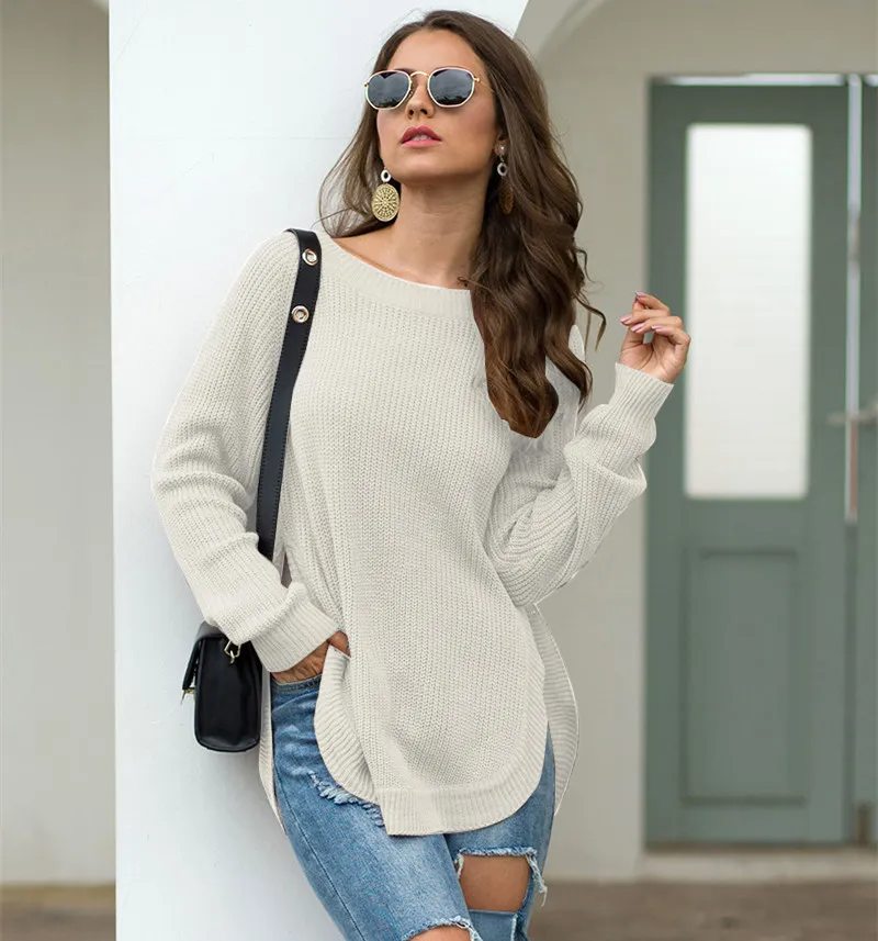 Glimpse Side Slit Long Sleeve Knit Tunic Sweater Castello Clothing Line
