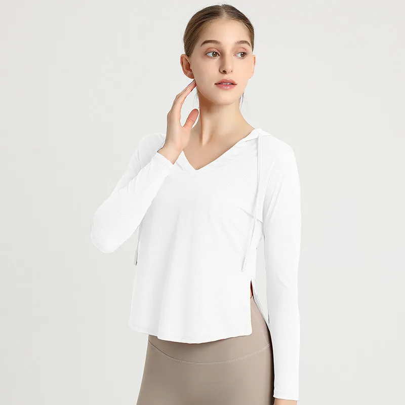 Fifi Long Sleeve Textured Hooded V-Neck Top workout tops and t-shirts Castello Clothing Line