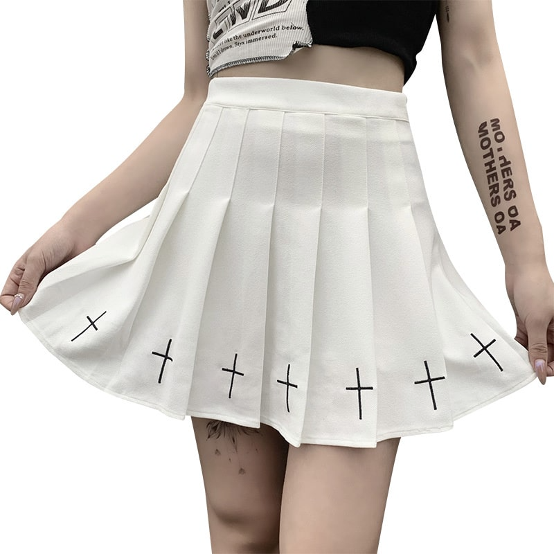 Gothic Cross High Waist Flare Mini Skirt Castello Clothing Line