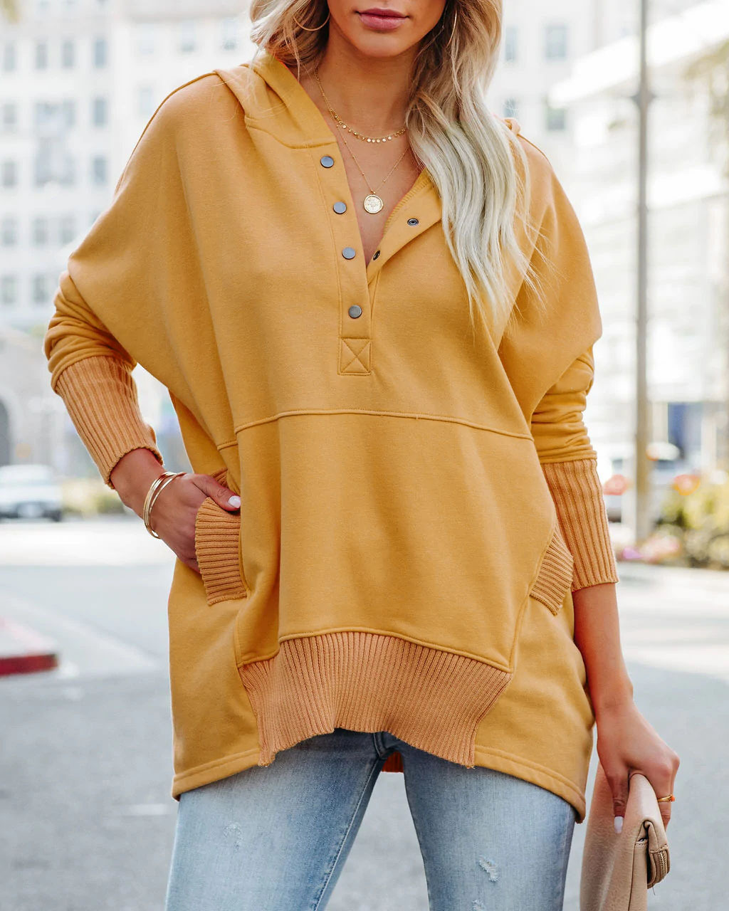 On Point Hooded Button-Up Relaxed Fit Sweater Castello Clothing Line