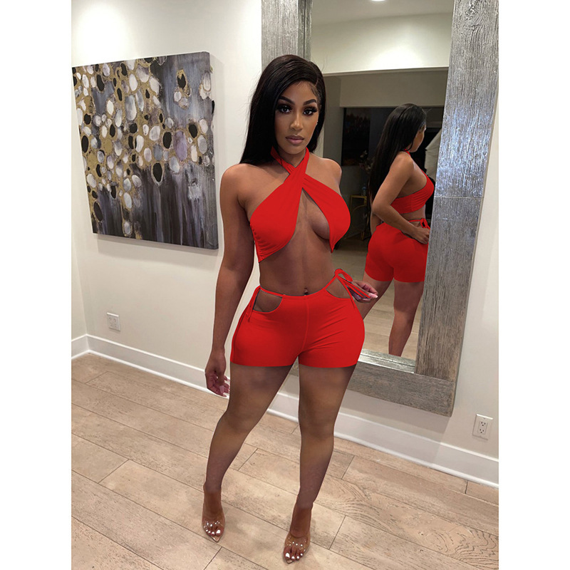 Vixen Crisscross Halter Cutout Tie Waist Shorts Set Castello Clothing Line