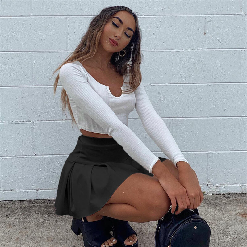 High Waist Pleated Mini Skirt - Elegant Polyester/Fiber Blend Castello Clothing Line