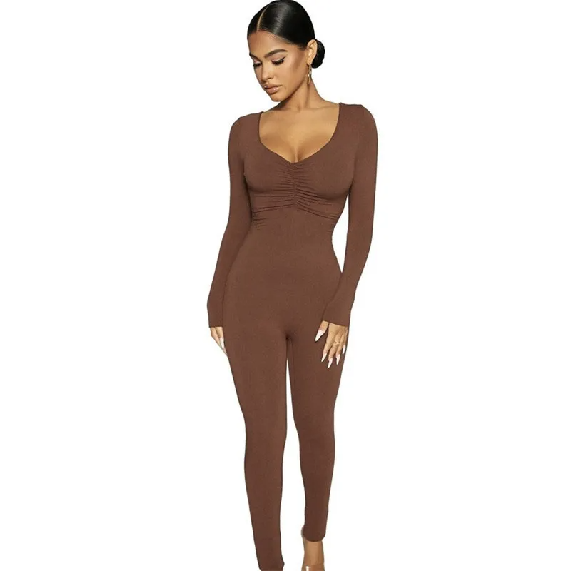 Lauren Long Sleeve Ruched Ribbed Bodycon Jumpsuit bodycon jumpsuit Castello Clothing Line