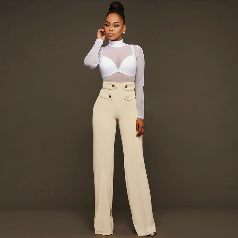 Nyla High-Waist Wide-Leg Button Detail Tailored Pants Castello Clothing Line