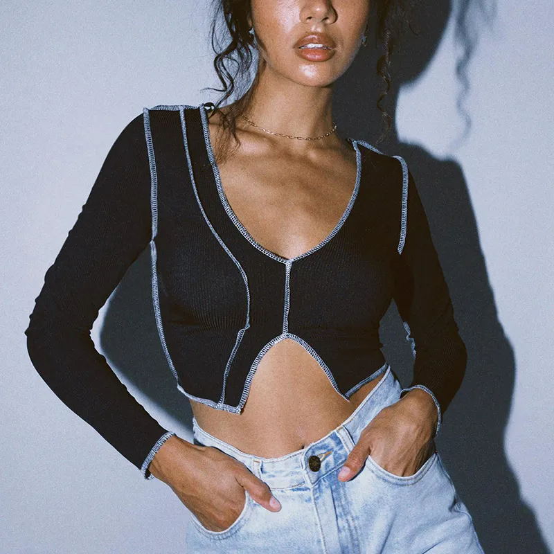 Stitch It Up Long Sleeve V-Neck Crop Top Castello Clothing Line