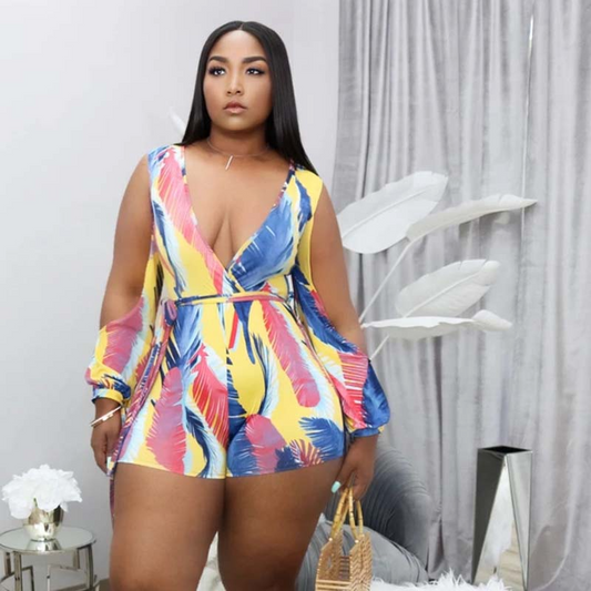 Tropical Temptress Long Sleeve V-Neck Romper  Castello Clothing Line