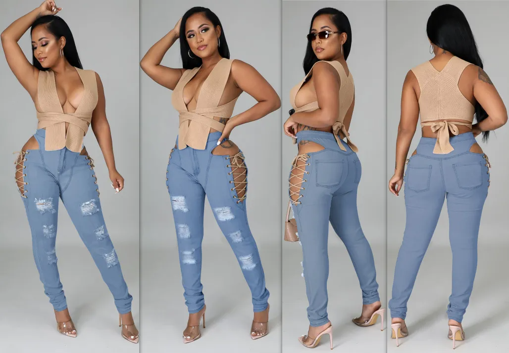 High Waist Ripped Cut Out Skinny Jeans Castello Clothing Line