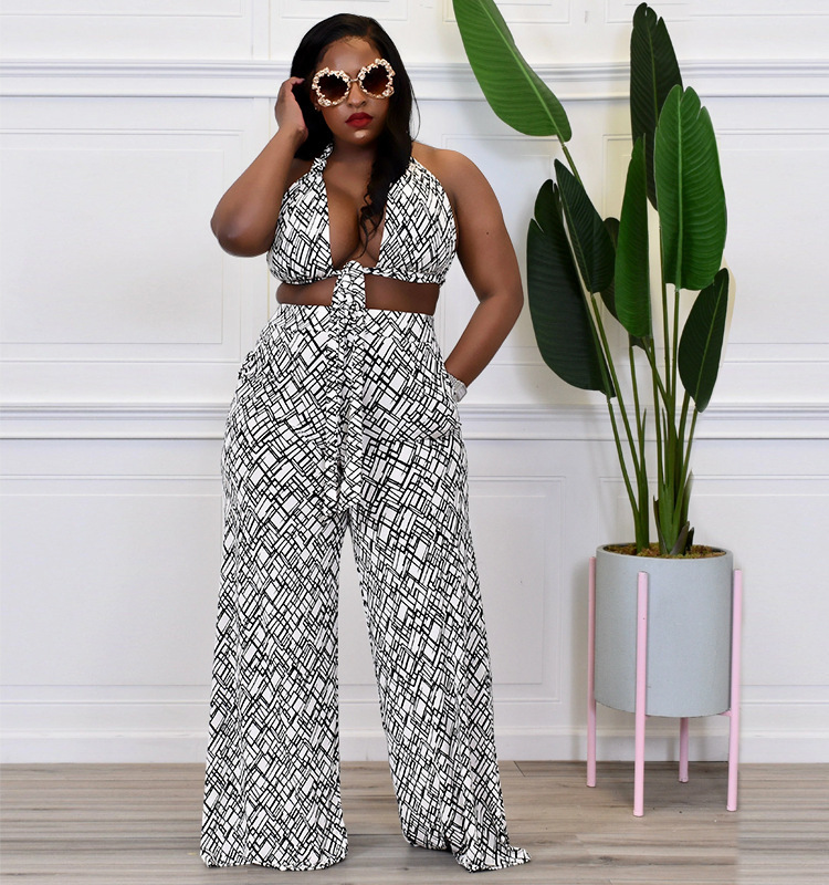 Plus Size Backless Halter Top & High Waist Wide Leg Pants Set Castello Clothing Line
