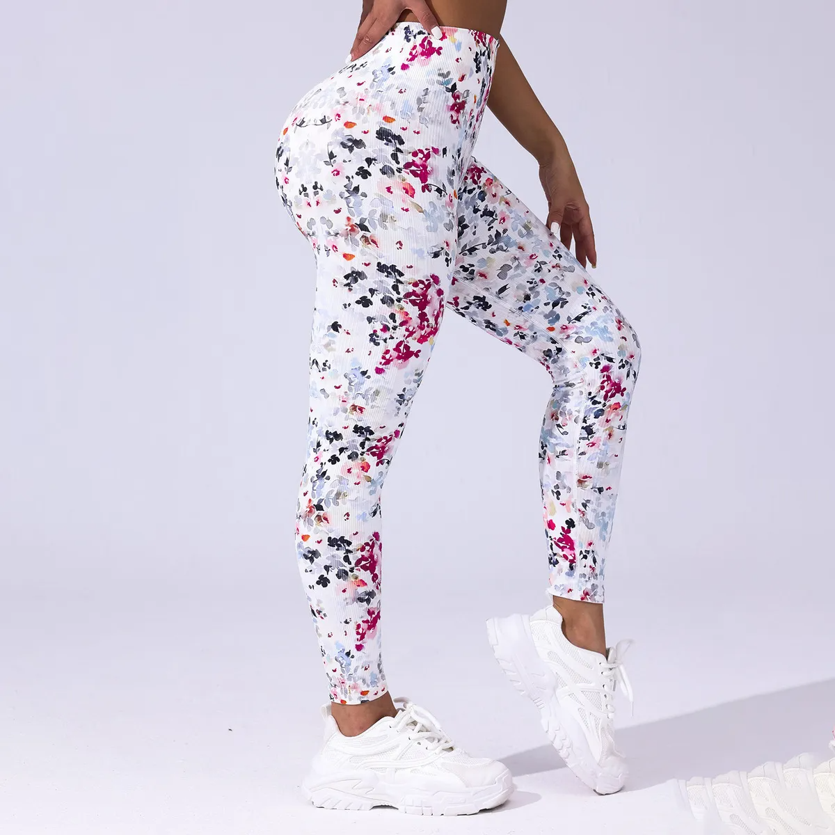 Fearless High-Rise Ribbed Floral Print Leggings leggings Castello Clothing Line