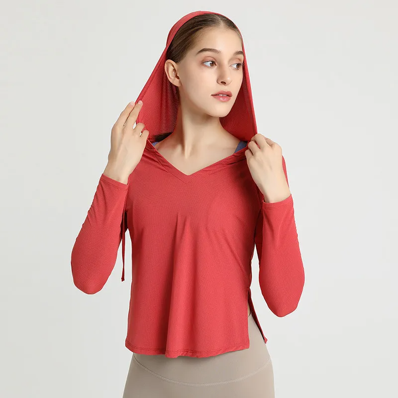 Fifi Long Sleeve Textured Hooded V-Neck Top workout tops and t-shirts Castello Clothing Line