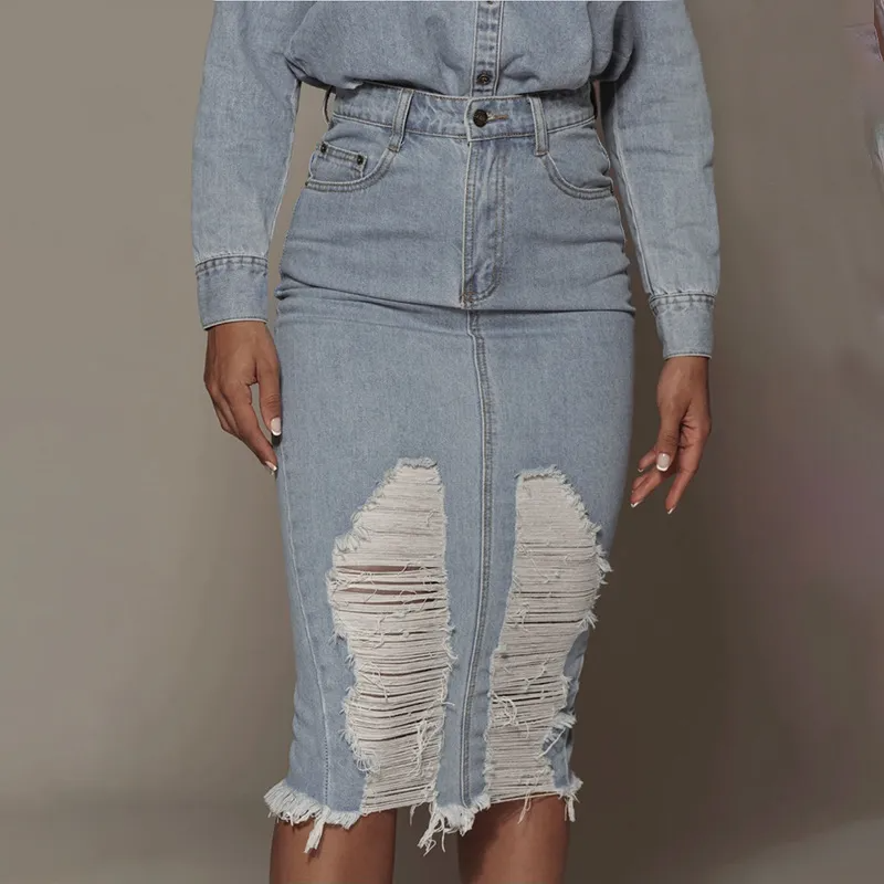 Torn to Perfection Distressed Denim Midi Skirt Castello Clothing Line