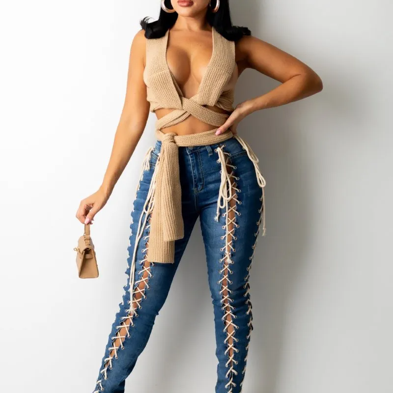 Mid Rise Lace Up Jeans Castello Clothing Line
