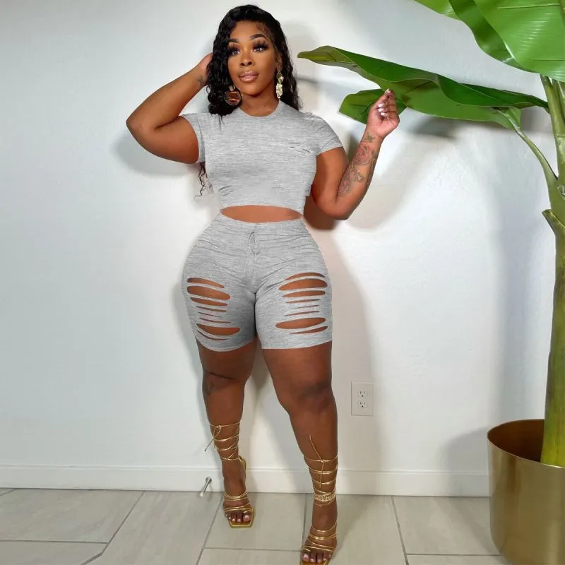 Savvy Cutout Short Sleeve Top & Ripped Biker Shorts Set Castello Clothing Line