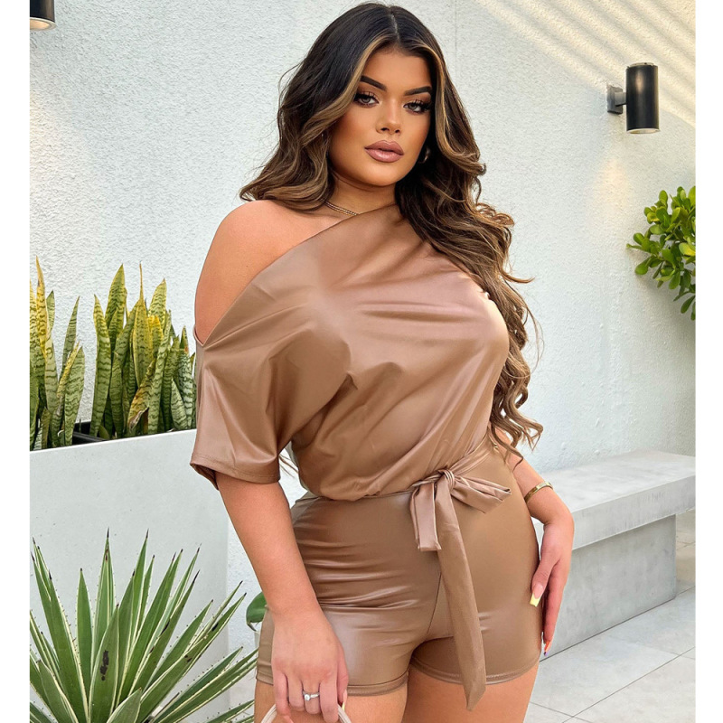 Sultry Sway Leather Off-Shoulder Belted Romper Castello Clothing Line