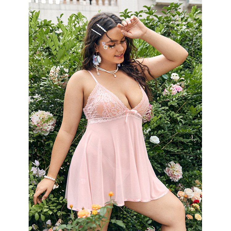 Plus Size Lace Mesh Nightie with V-Neck, Adjustable Straps, and Cut Out Back Tie Castello Clothing Line