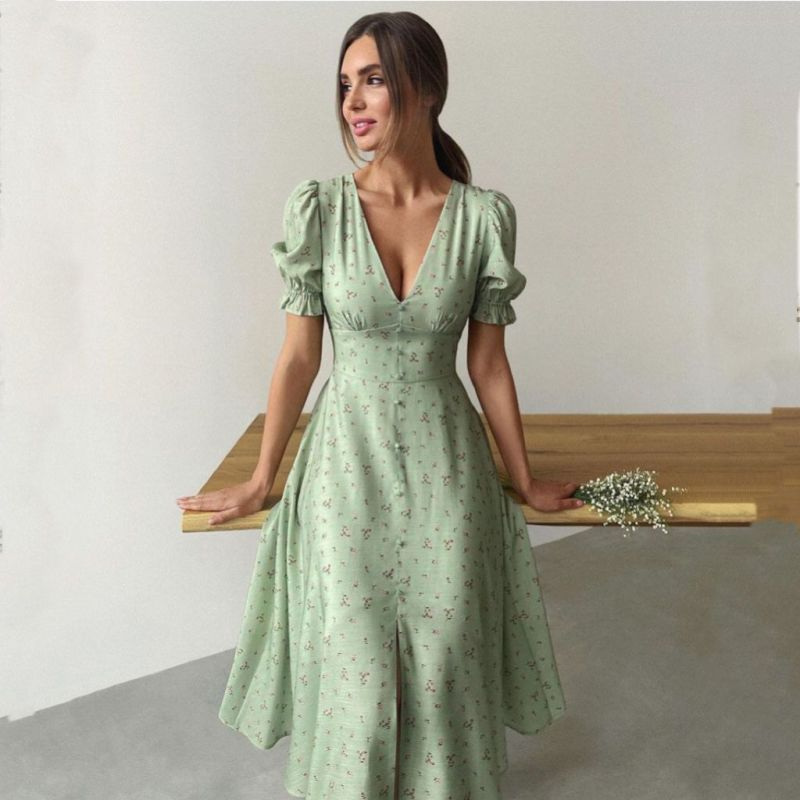 Floral Puff Sleeve Flare Dress with V-Neck and Short Sleeves - High Waist - Polyester Material Castello Clothing Line